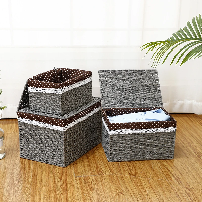 Full Grey Square Woven Storage Baskets With Lid Buy Picnic Basket With Wine Holder,Woven