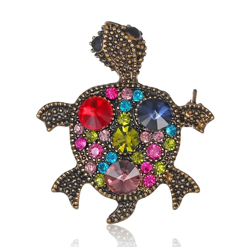 

European Trendy Pin Jewelry Colorful Crystal Metal Sea Turtle Brooches, Gold