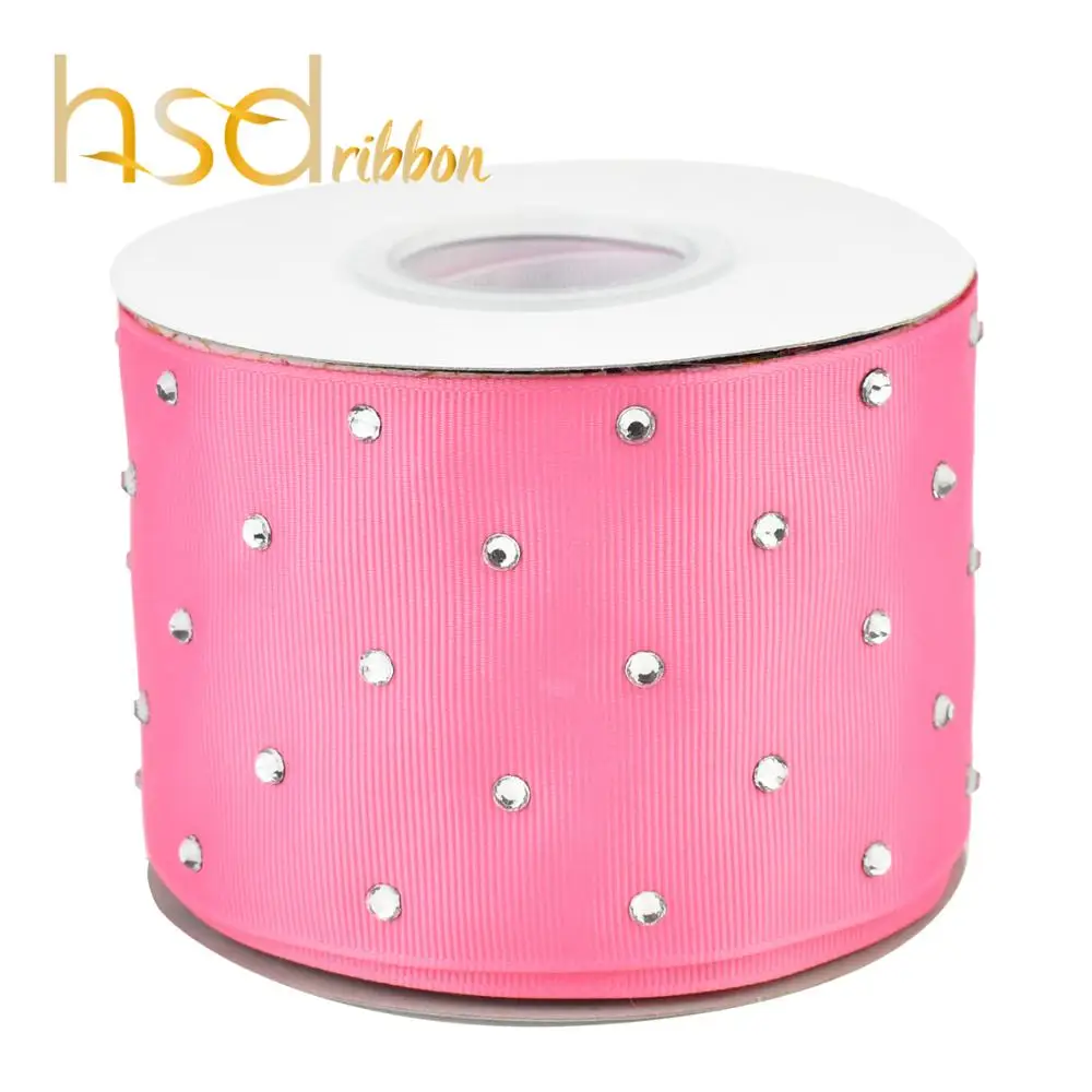 

HSDRibbon  3 inch pink colorful Grosgrain Ribbon with Rhinestones