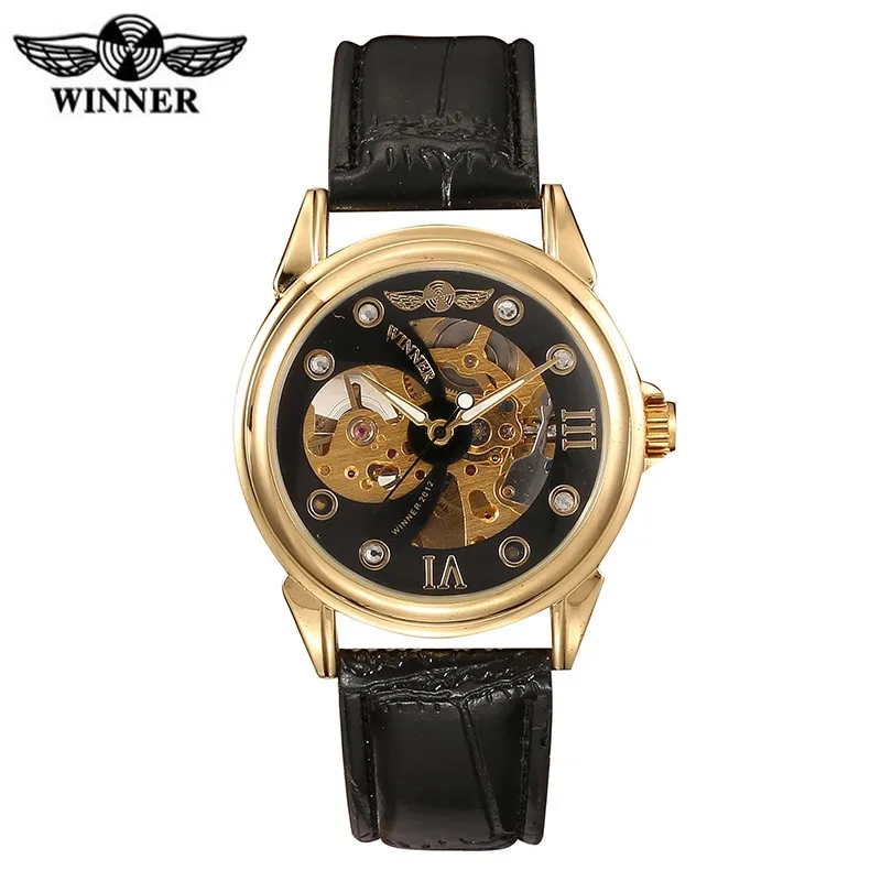 

new men classic black leather strap cheap price hand wind mechanical watch mens army hollow women fashion skeleton winner watch