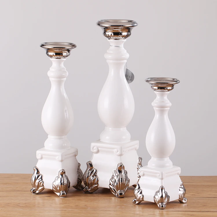 Exquisite factory production ceramic candlestick white and silver high