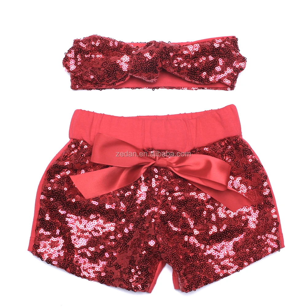 

Wholesale Plain Baby Clothing Girls Ruffle Hot Shorts Elastic Waist Baby Sequin Shorts With Headband, Picture