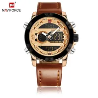 

Men sport watches NAVIFORCE 9097 Dual display watch LED digital analog leather quartz 30M waterproof wristwatches