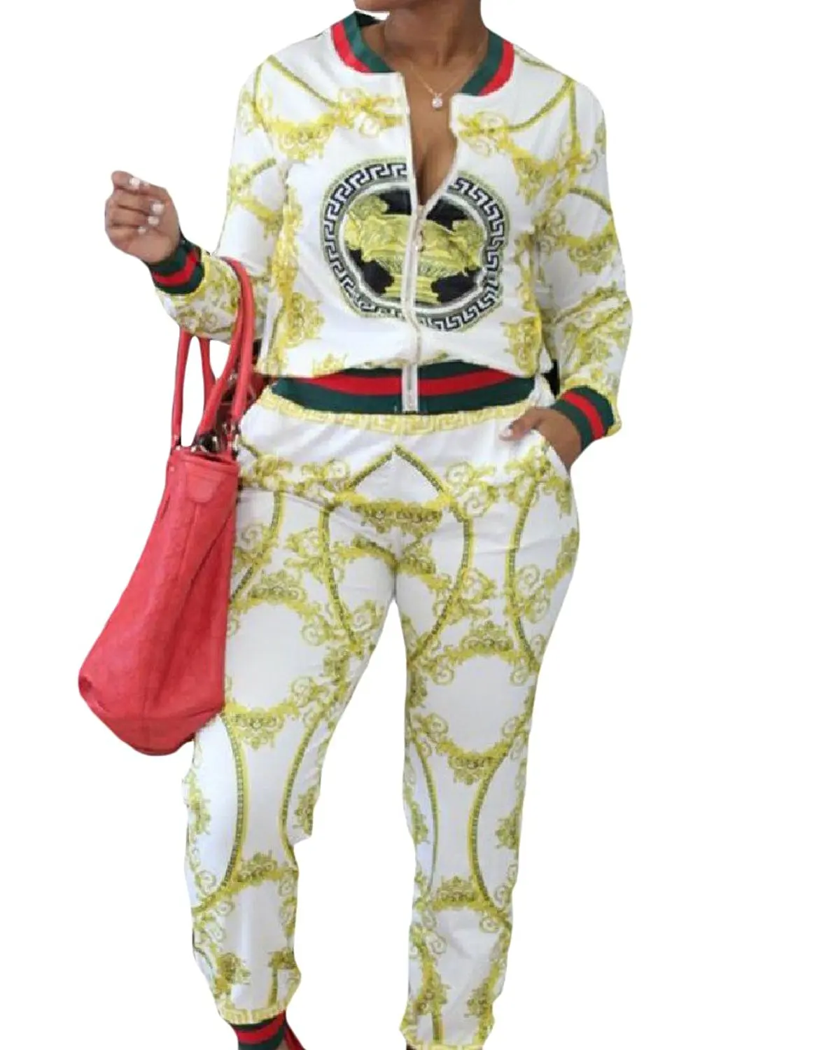 Zimaes-Women Zipper Closure Print Stand-up Collar 2-Piece Tracksuit Set