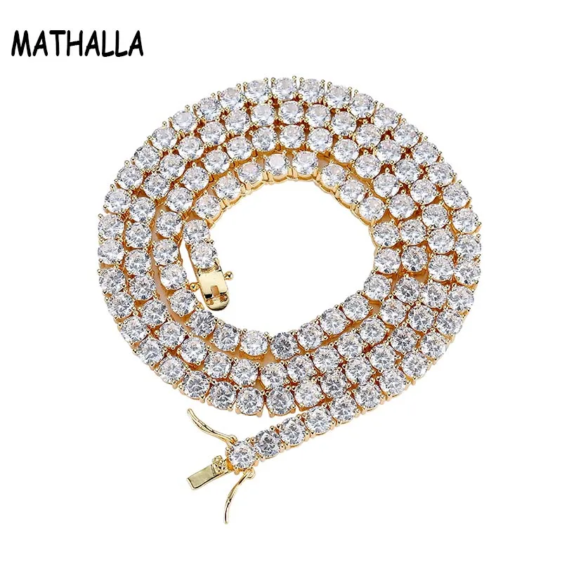 

Newest Hiphop Jewelry 1 One Row Gold Brass Tennis Chain Necklace Cubic Zirconia Stone Diamond Necklace Kalung Men, Gold;silver