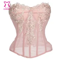 

Pink Chiffon Floral Appliques Strapless Push Up Corset Sexy Erotic Lingerie Gothic Clothing Corsets And Bustiers