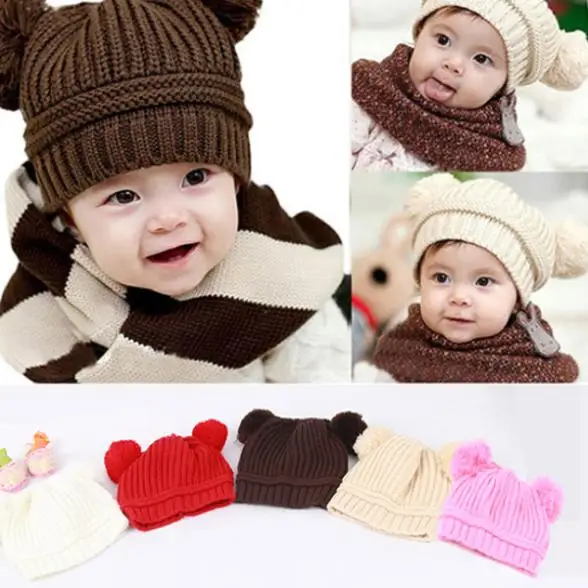 Kids Baby Warm Crochet Hat Knit Two Balls Beanie Knit Sweater Cap Earflap Hat QL