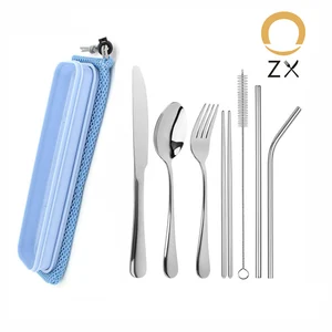 Image of stainless steel portable travel cutlery set with straw in box and pouch