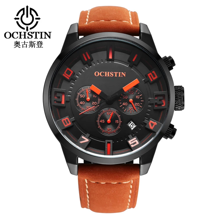 

OCHSTIN GQ049A Top Brand Hot Men's Quartz Watches 3ATM Water Resistant Genuine Leather Strap Watches Excellent Man Date Watch