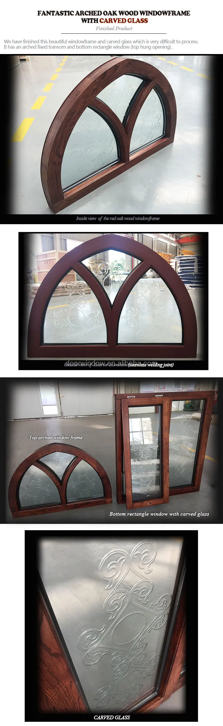 Customized Specialty Shapes Design Arc Top Oak Wood Window Frame with Carved Glass