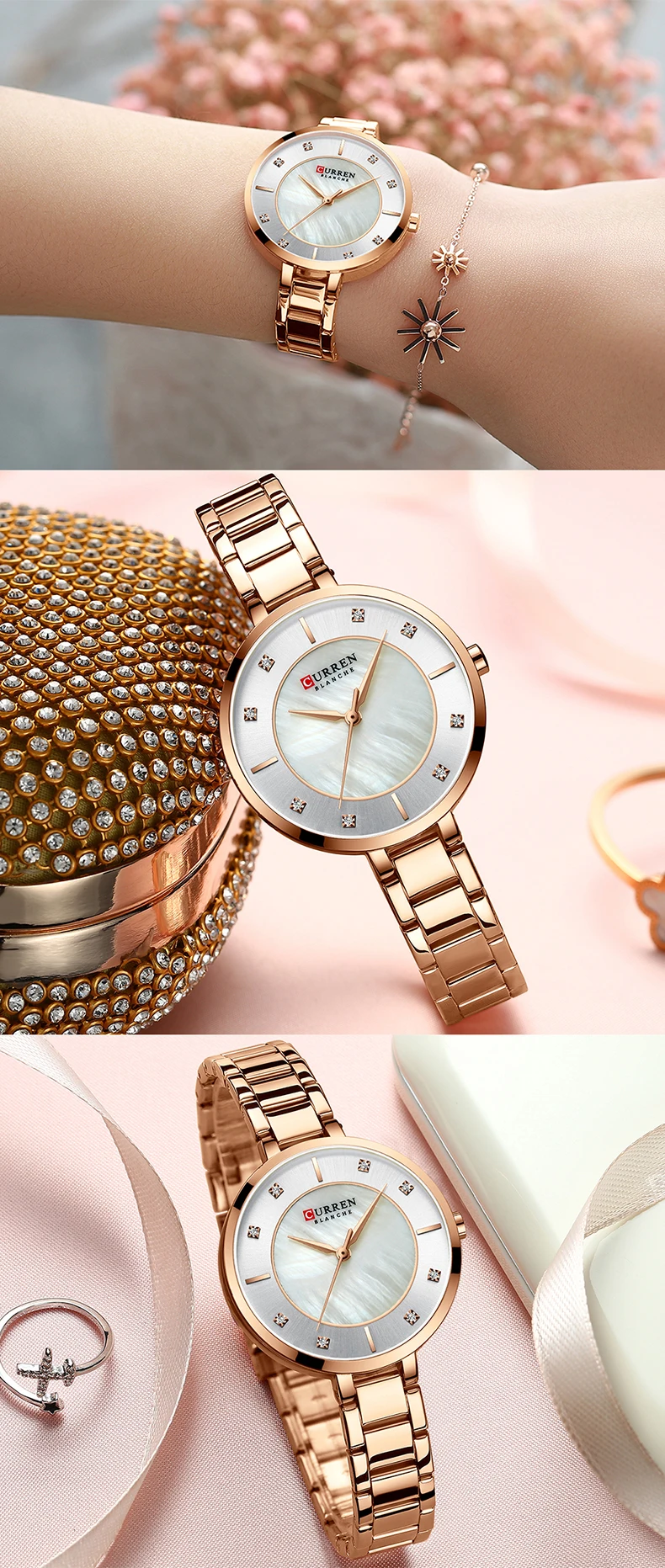 CURREN 9051 Ladies Watches Fashion Elegant Quartz Watch Women Dress Wristwatch Rhinestone Set Dial Rose Gold Steel Band Clock