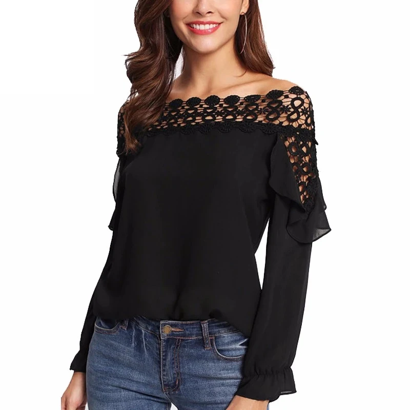 

Ladies Black Off The Shoulder Blouse Hollow Out Crochet Insert Frill Top, Picture color