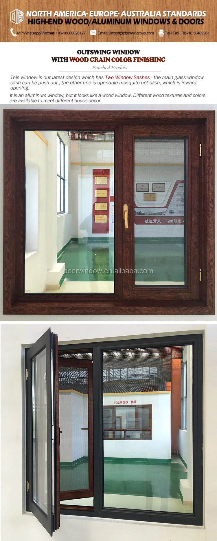 Brown color thermal break aluminum out-swing windows with mosquito nets aluminium windows in pakistan