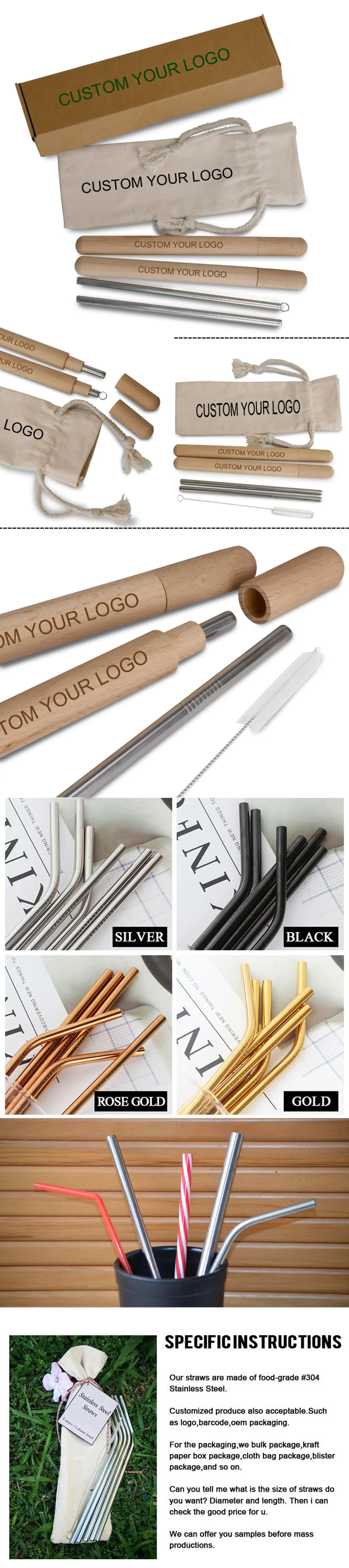 Custom logo reusable 18/8 stainless steel metal straw with bamboo box