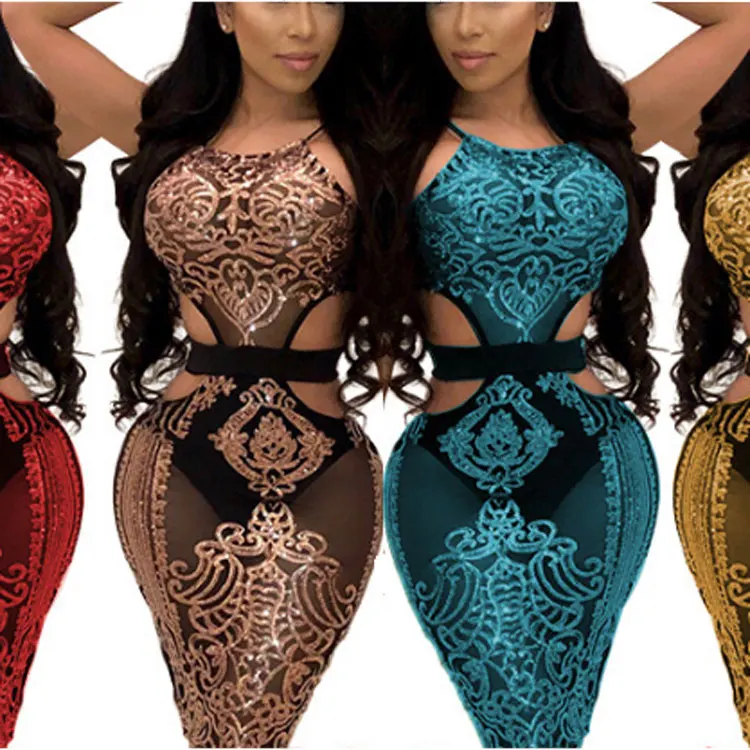 

80409-MX113 fashion sexy party dress shining evening club wear see through lace design for women