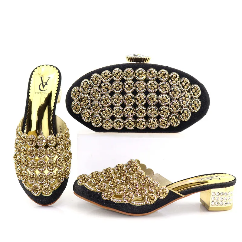 

Black rhinestone shiny italian ladys bags and shoes to match women evening party matching shoes and bags sets 133-1