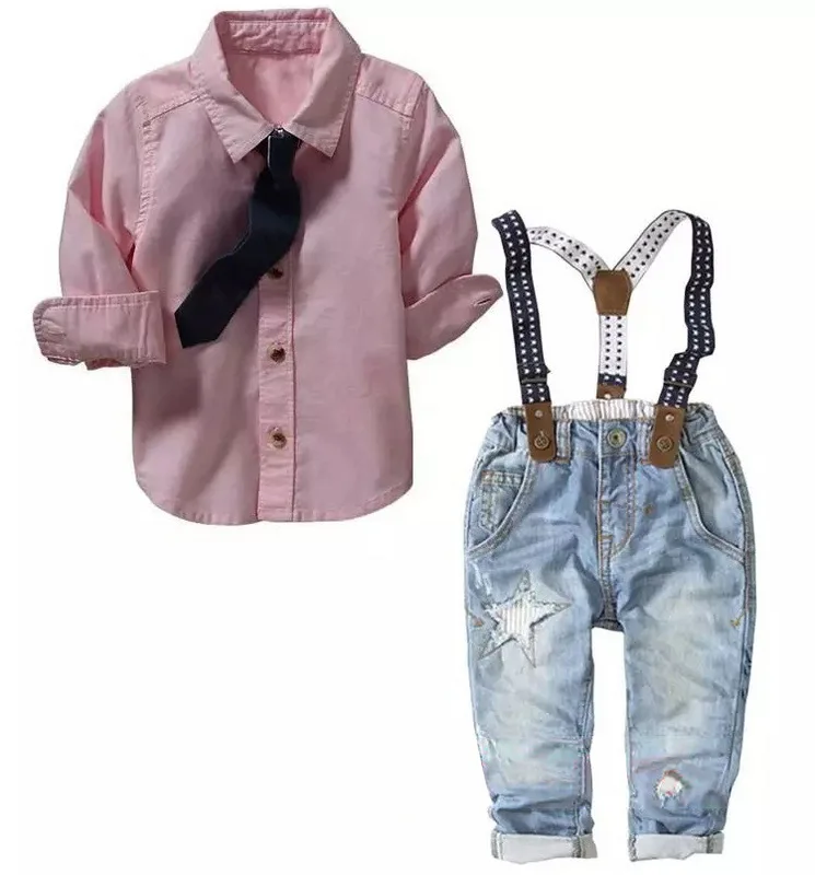 

Wholesale Spring Autumn British style cotton shirt and cowboy suspenders boys 2 piece set, As photo