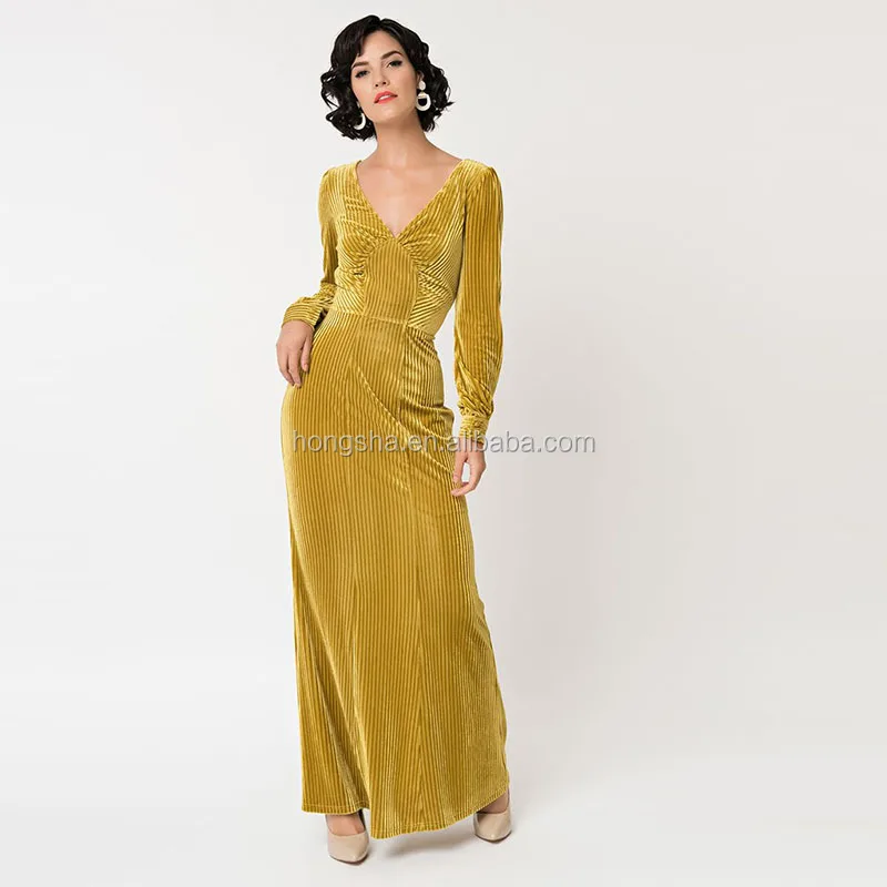 long vintage dress,Yellow Velvet Long 