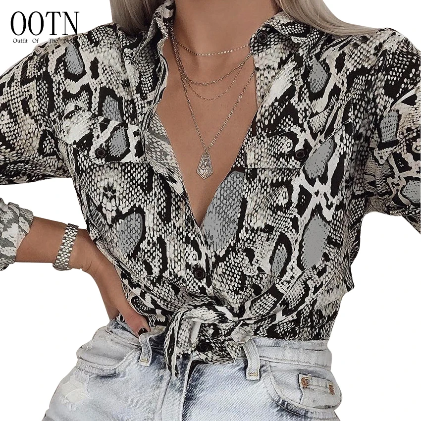 

OOTN Pocket Button Down Vintage Blouse Womens Long Sleeve 2019 Autumn Blusas Female Shirt Sexy Snake Skin Print Blouses And Tops