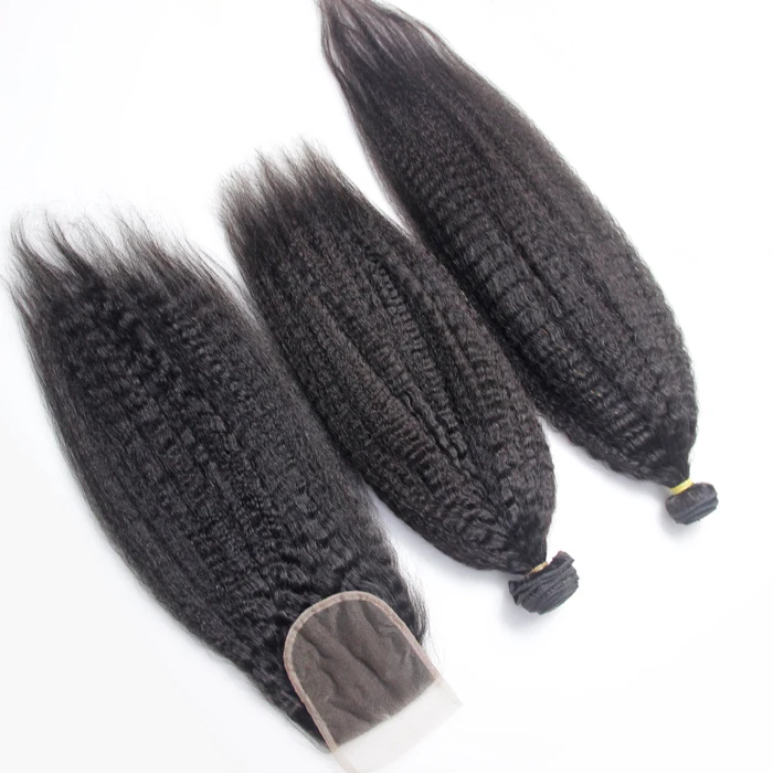 

Light Yaki Brazilian Hair Extension Human Hair Bundles Natural Black Lace Closure with Baby Hair, Natural color 1b to #2