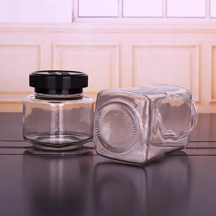 
wholesale 400ml square food grade glass coffee bean storage jar with plastic lid 
