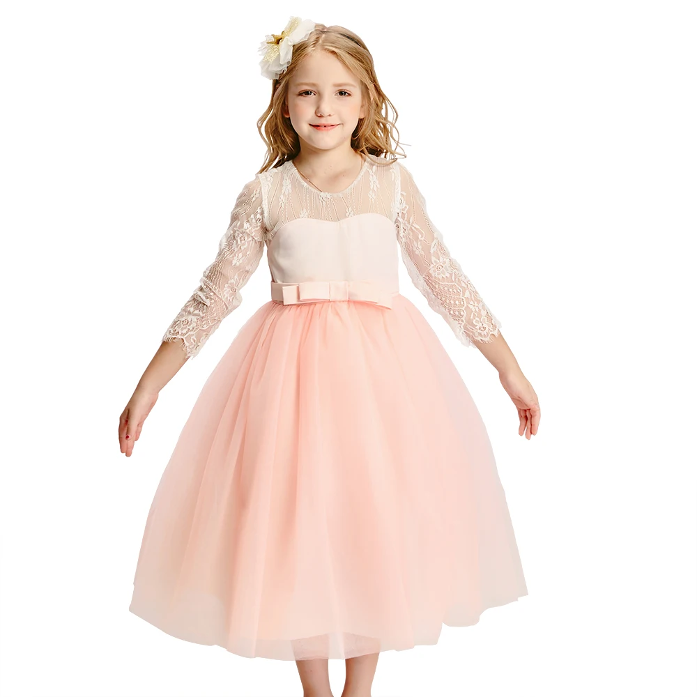 

Fancy Long Sleeve Lace Flower Girl Dress Ivory And Pink Party Wedding Dress Kids Clothes Online Lace Embroidery Summer Frock