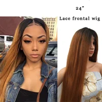

Natural Color Wavy Lace Frontal Wig 24" Heat Resistant Blonde Ombre Dark Root Long Synthetic Wigs Hair 220G/pc for Women