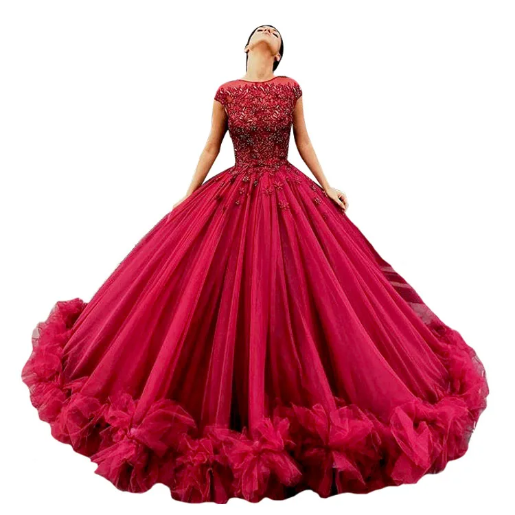 

Wine Red Beaded Lace Appliques Ball Gown Tulle Skirt Quinceanera Party Dress for Ladies, Custom made for western gowns quinceanera party dresses