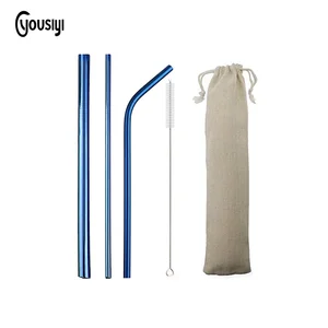 eco friendly metal colored stainless steel drinking straw set with cleaning brush