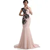 ED040 Pink Mother of Bride Dress With black Lace appliques One Shoulder Chiffon Elegant Mermaid Evening Dresses