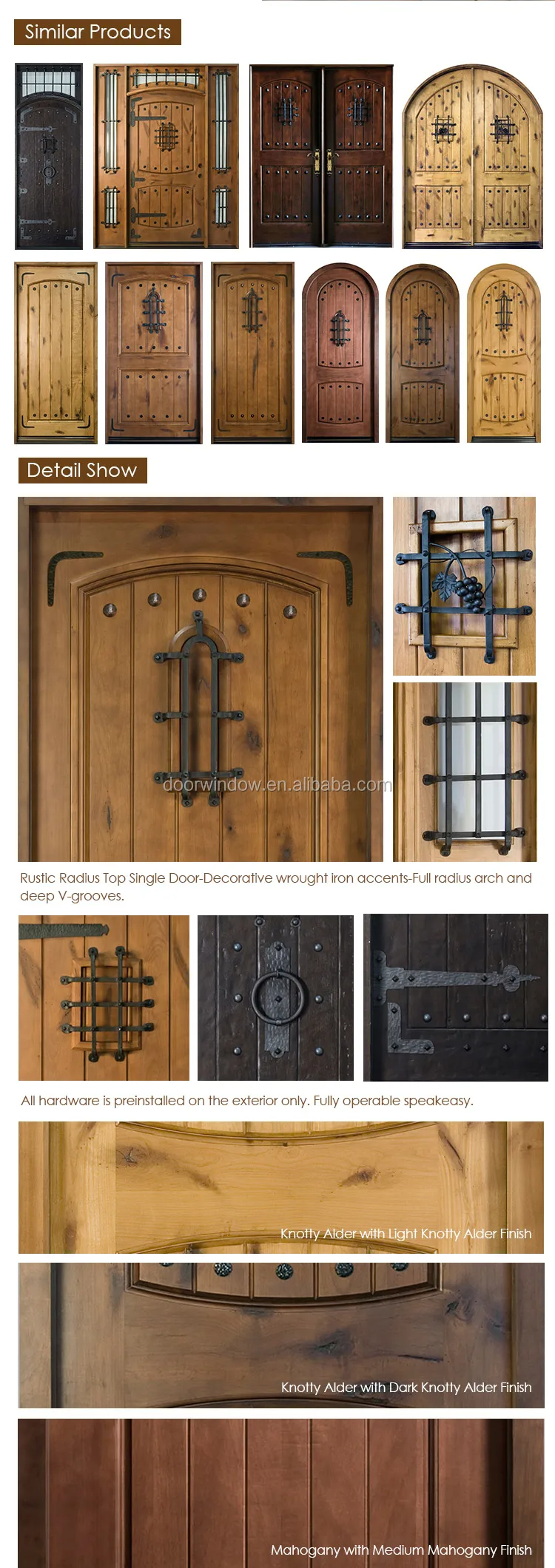 Front door styles pictures antique arched doors V-groove panels hotel entry doors to sale