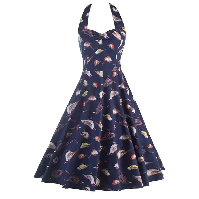 

2018 Summer Fashion Little Birds Printing Navy Color A Line Dress Sexy Sleeveless Strapless Halter Party Dresses For Women A1400, N/a