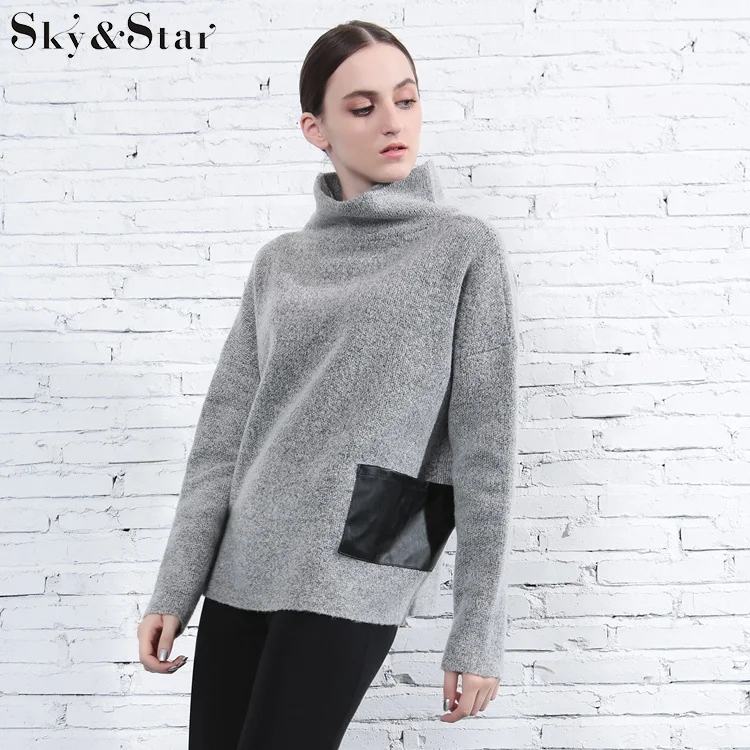 

2018 New arrival grey high collar long sleeve custom woman knitted sweater, Grey available in stock;or customize as your request