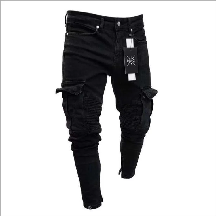 

New men's biker jeans stretch hole zipper denim pants feet trousers youth British style fashion motorcycle jeans, Picture color