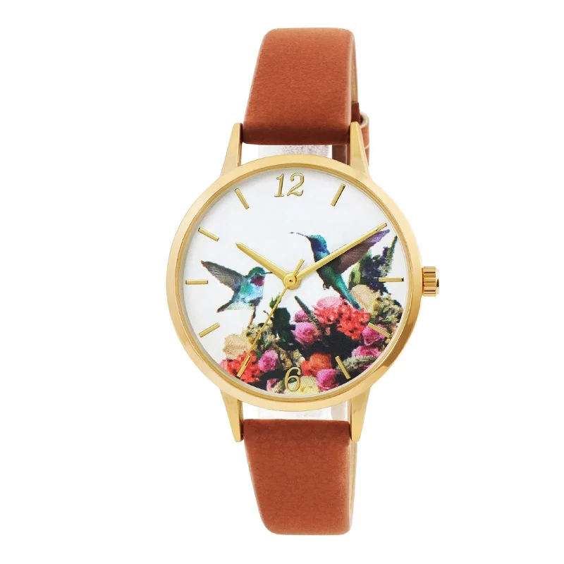 

lady watches wholesaler Chinese classic style polished gold case PU leather strap