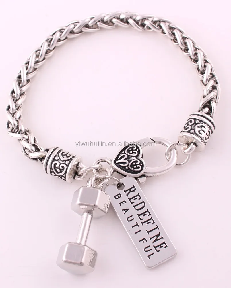 

Personal trainer Motivational Gift Dumbbell With Redefine beautiful words bracelet silver Fitness Bracelet