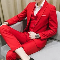

wholesale New Men's Solid color suit set male formal business work daily slim suit three piece set for man blazer+vest+trousers