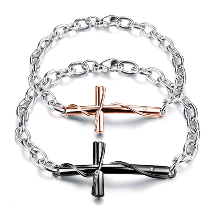 

Gold Cross Stainless Steel Cross Charm Bracelet Silver Couple, Pink/rose gold/blue/gold etc.