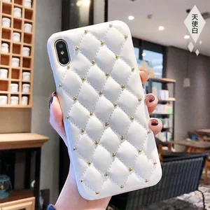 For iPhone Xr Luxury Grid Pattern Leather Back Cover Case with Shining Rivets for Girls Women