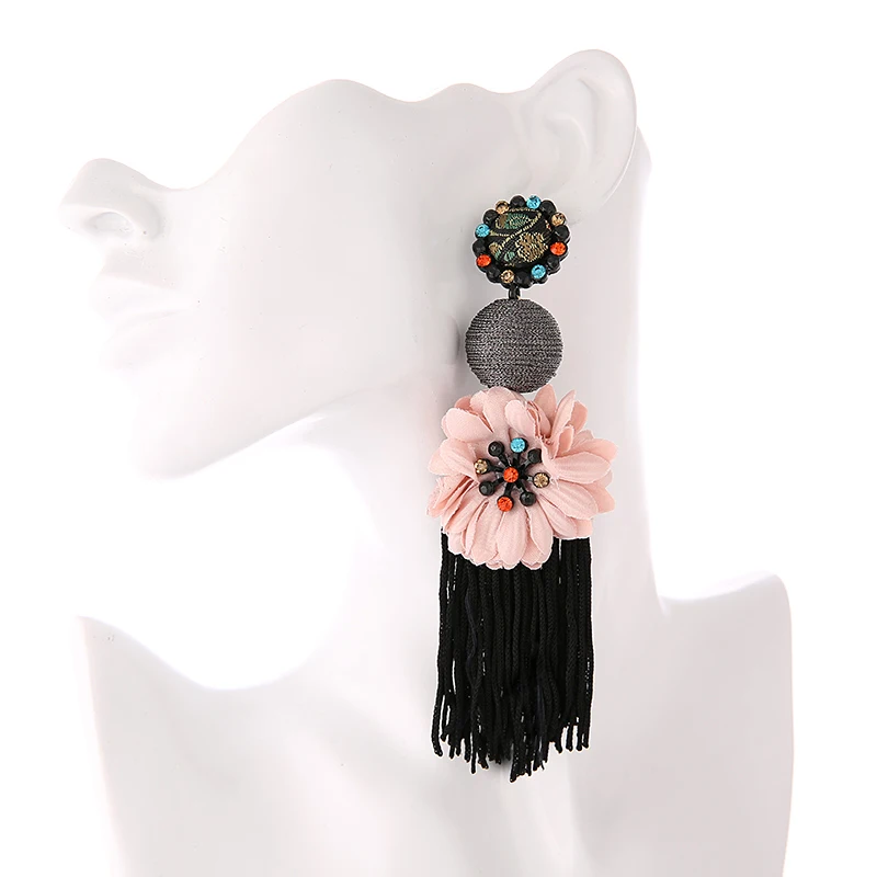 

New Fashion High Quality Bohemian Long Tassels Stud Earring Flower Tassel Earrings For Women, Red/pink/blue/green/yellow