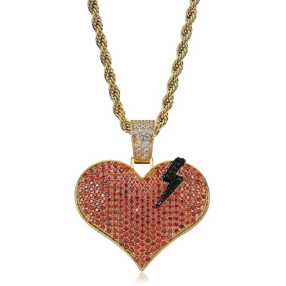 

Black Lightning Red Heart Pendant Iced Out Bling Cubic Zirconia Garnet Heartbeat Necklace Couple Special Gift Jewelry, Gold