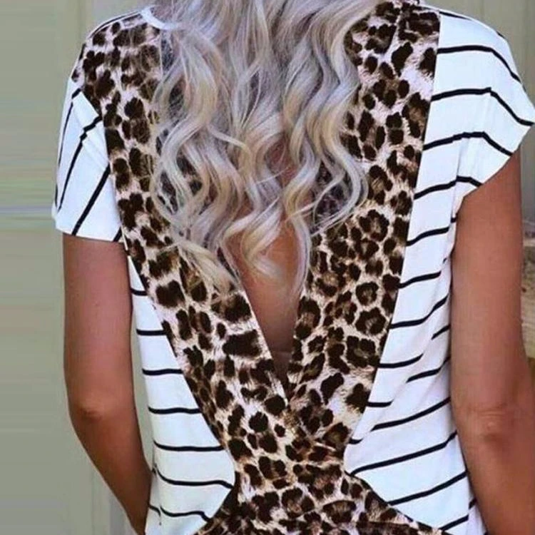 women leopard sunflowers backless tshirt woman striped shirt