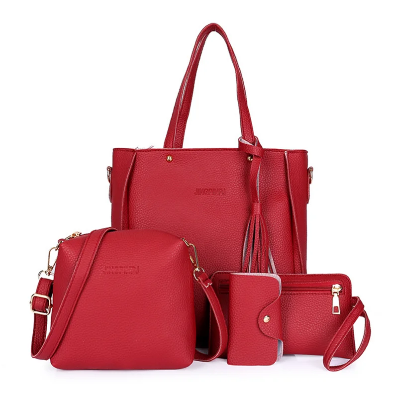 

Top selling ladies new fashion litchi style four pieces hand bags wholesale ladies handbags, Red / black / pink / brown / grey