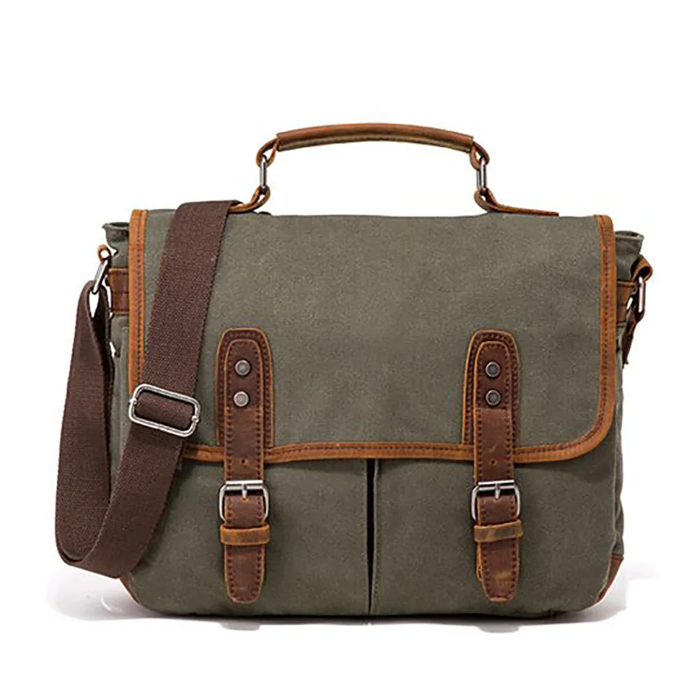 

19SC-8054M 16OZ ecofriendly cotton canvas with leather trim laptop shoulder crossbody bag men, Khaki or customized