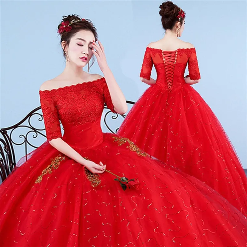 2019 latest Vestidos De Novia hemline off shoulder boat neck 3/4 sleeves red puffy wedding bridal dress ball gown