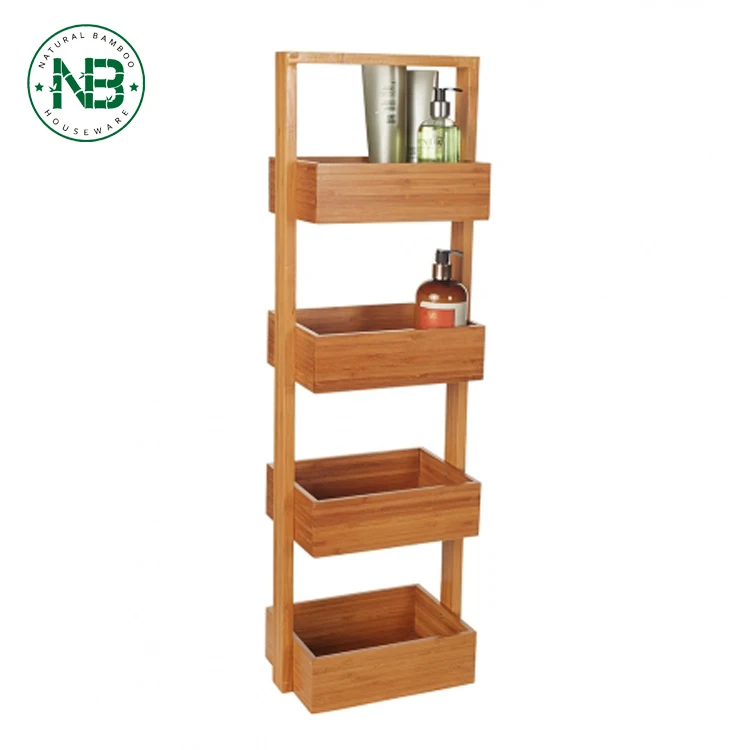 4 Tier Bamboo Caddy Stand Bamboo Frame Floor Standing Shower Caddy Rack