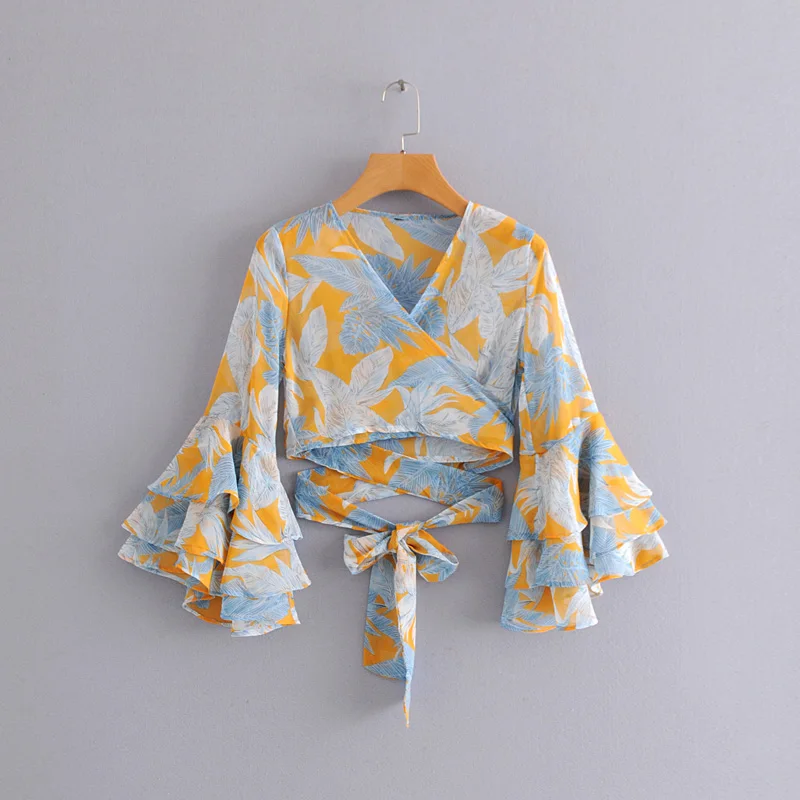 Sexy v neck flare sleeve floral printed wholesale women long sleeve chiffon crop tops