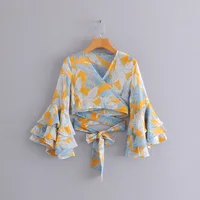 

Sexy v neck flare sleeve floral printed wholesale women long sleeve chiffon crop tops