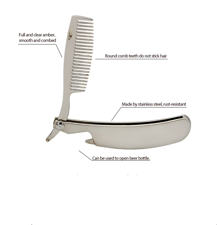 

New Style OEM Portable Stainless Steel Foldable Beard Comb for Men, Sliver