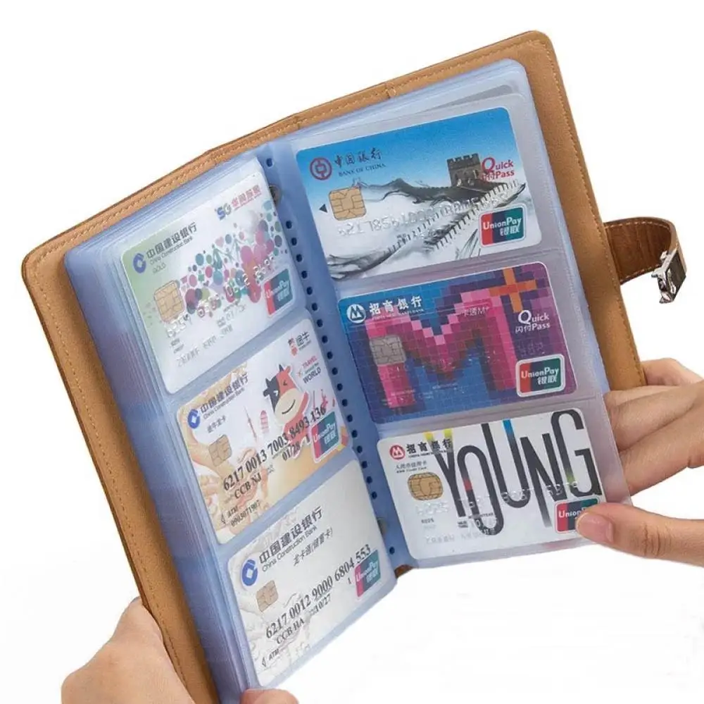 

Wholesale stock custom logo ID card book pu Leather cover business card holder book 120 Count Name Card Holder with metal buckle, Red, blue, black etc